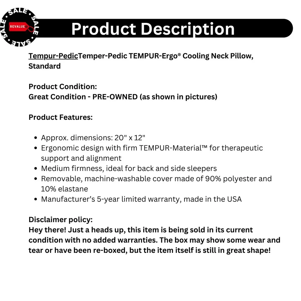 TEMPUR Ergo Cooling Neck Pillow Memory‎ Foam Medium 20